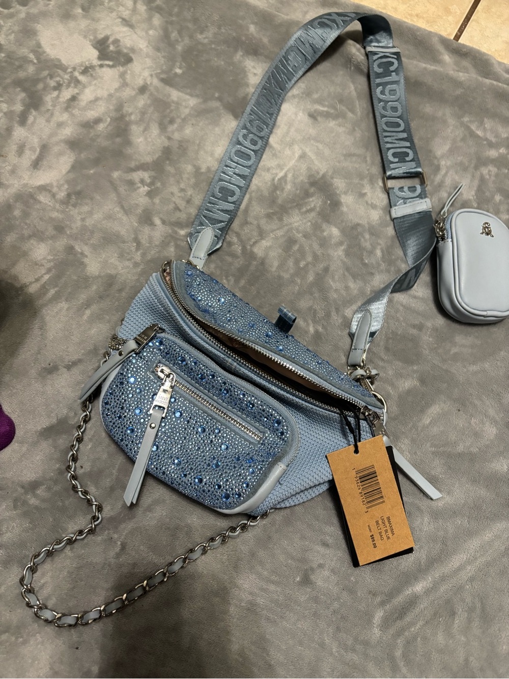 Steve Madden Light Blue Crystal-Embellished Crossbody Belt Bag